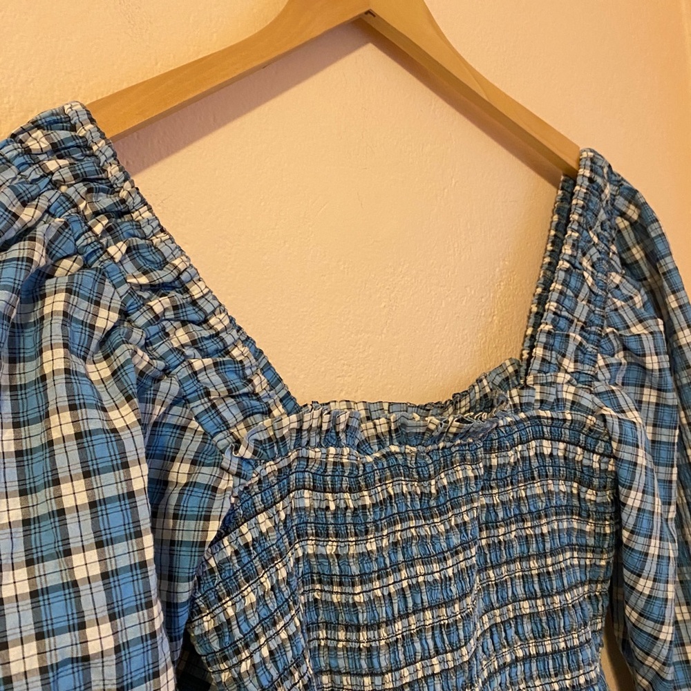 GANNI Seersucker Check Smock Midi Dress - Azure Blue size 8 - Picture 10 of 14